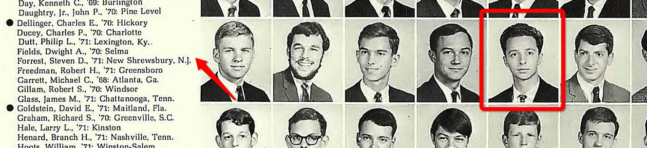 Annotated 1968 UNC yearbook page showing Steven D. Forrest, class of 1971, New Shrewsbury, New Jersey